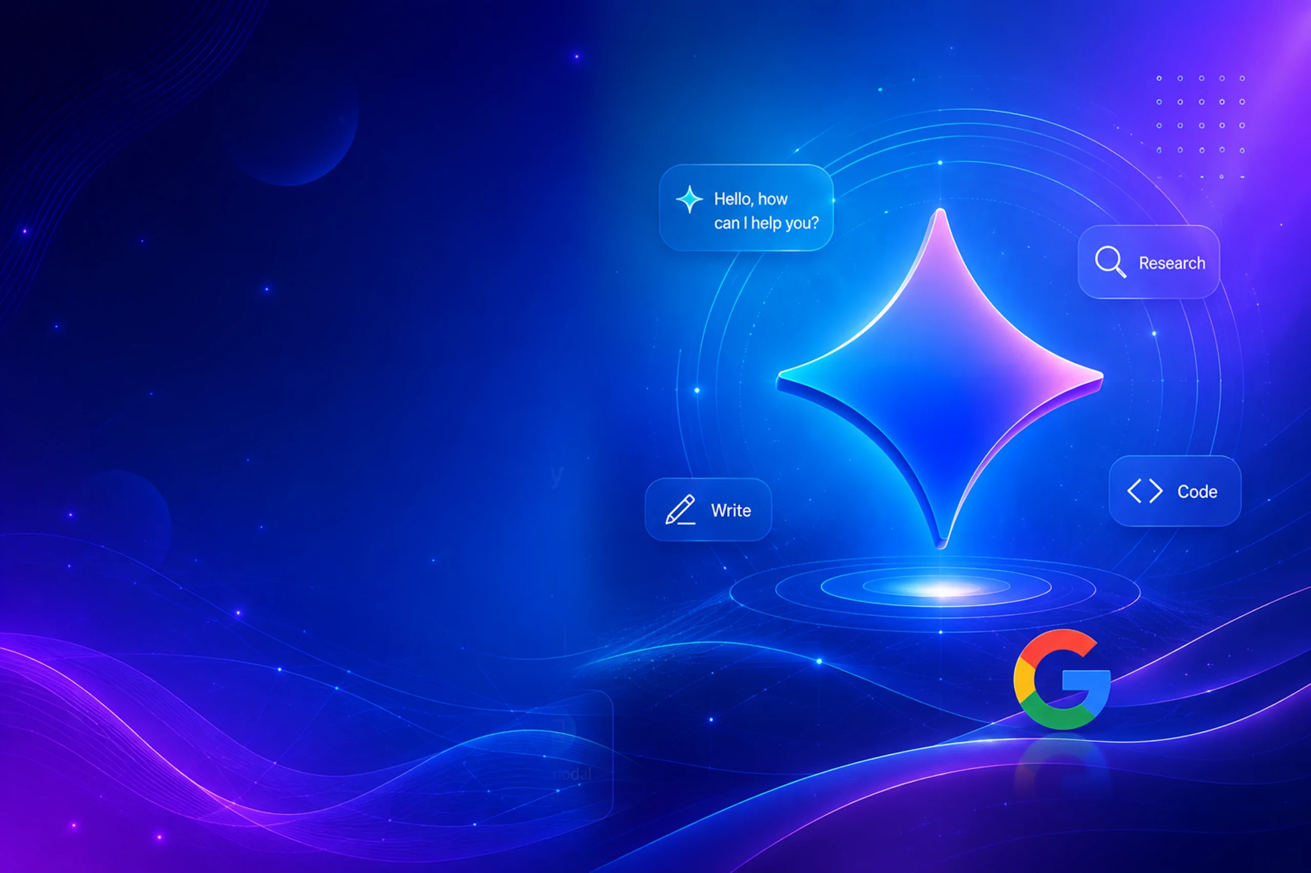 Premium abstract blue and purple AI background for Gemini AI Review hero section