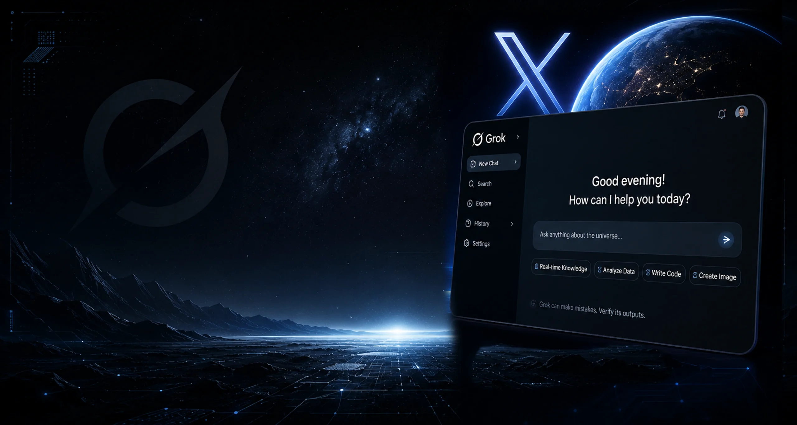 Dark futuristic space background representing Grok AI by xAI with galaxy, planet, digital technology elements for Grok AI Review