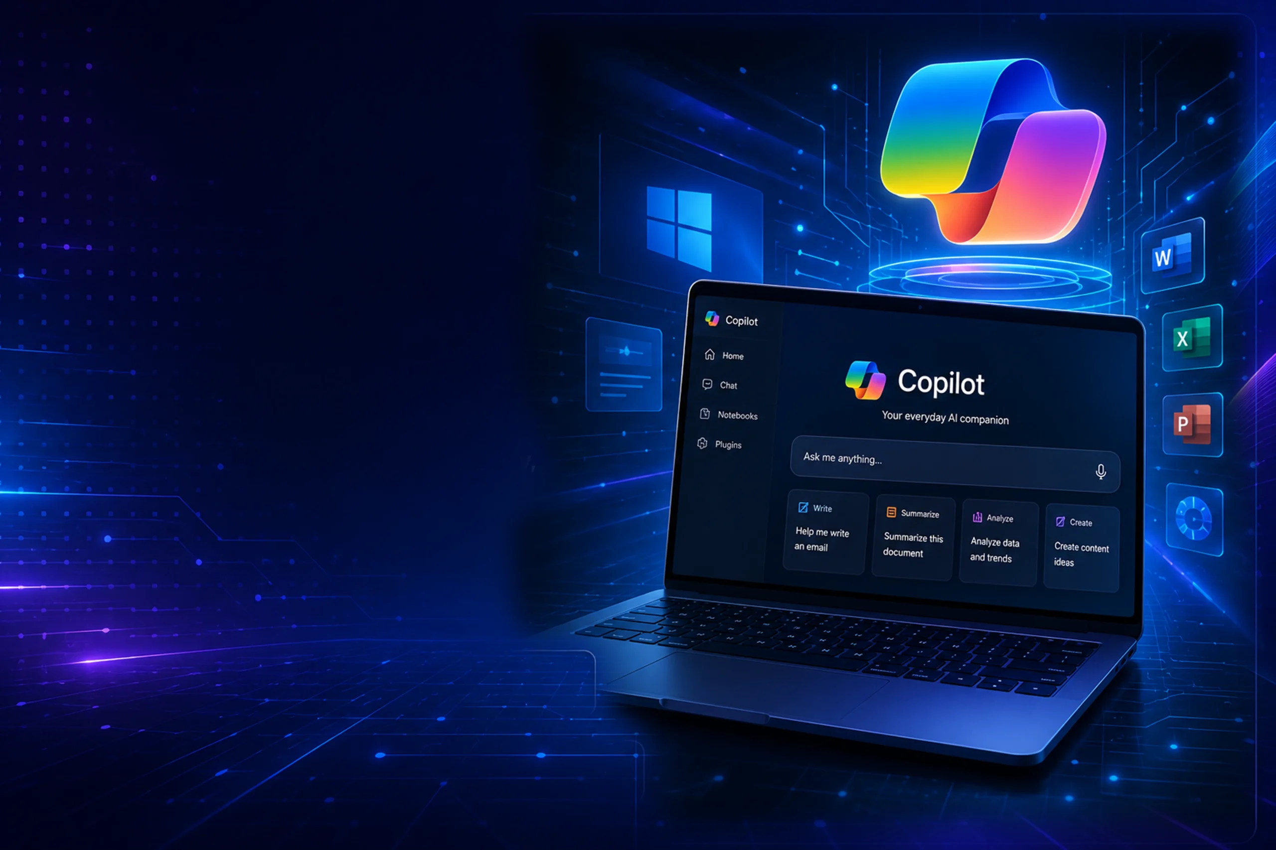 Microsoft Copilot AI Review, hero banner showing Microsoft Copilot interface, Windows integration, Microsoft 365 apps, AI productivity features, pricing, and comparison.